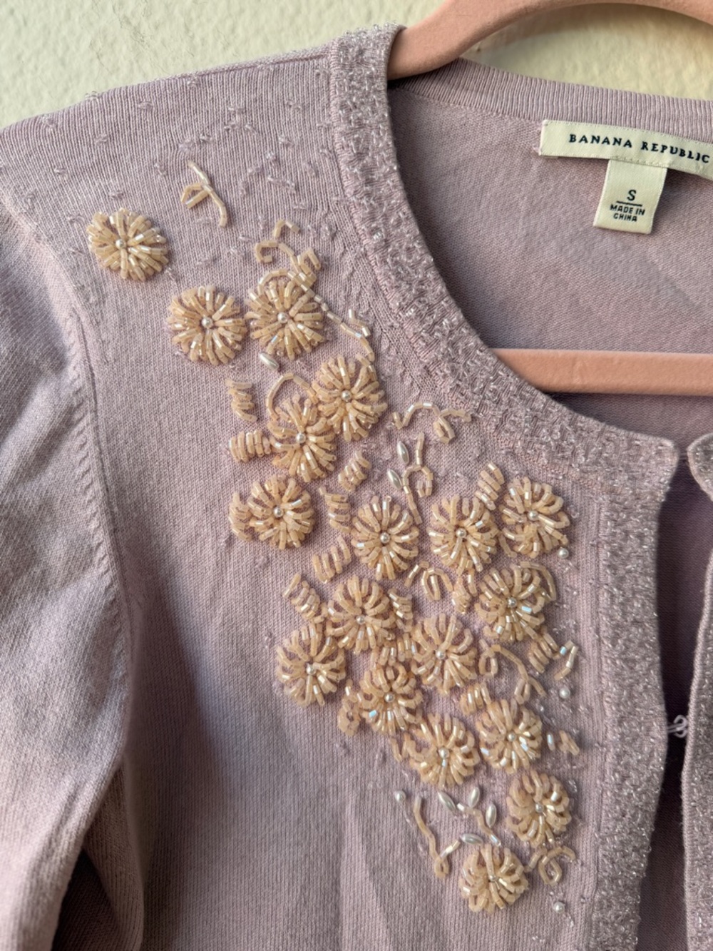 Banana Republic Silk Blend Beaded Cardigan Lilac Floral Embellished Sweater S - Picture 3 of 15